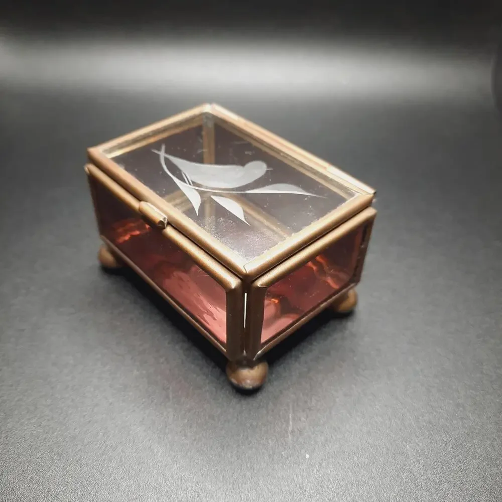 VTG Brass Glass Bird Trinket Box Pink Amethyst Slag Footed Hecho En Mexico